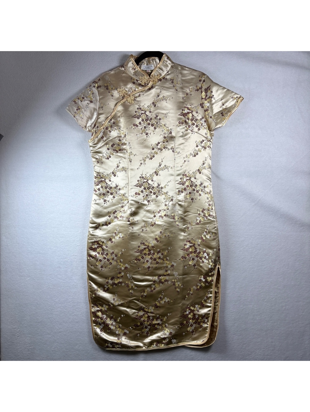 Cheongsam Qipao Dress Champagne Gold Brocade Plum Blossom Mandarin Collar Sz 40
